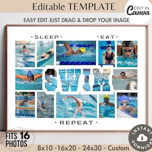 Plantilla de collage de 16 fotos editables de natación en Canva, póster de equipo deportivo, pancarta, letrero, diseño personalizado, letras personalizables, imagen, cuadrícula, 20 x 16