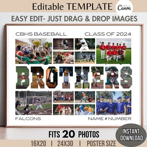 Plantilla de collage de fotos editable de HERMANOS en Canva. Póster imprimible de equipo deportivo de fútbol o béisbol. Regalo personalizado de fin de año para jugador o entrenador.
