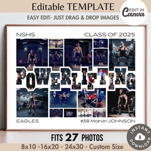 Editable POWERLIFTING Photo Collage Word Frame Canva TEMPLATE Printable Custom Sports Poster, DIY Personalized Senior Powerlifter/Coach Gift