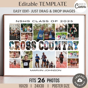 以下が含まれることがあります： クロスカントリーチームの白黒写真のコラージュが施された白いポスター。ポスターには「NSHS Class of 2025」と「Cross Country」の文字が書かれており、文字の中にランナーの写真が配置されています。ポスターには「Marvin Johnson」と「Fits 26 Photos」の文字も書かれています。
