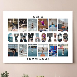 Może przedstawiać: Biały plakat z napisem "NSHS Gymnastics Team 2024" w czarnym kolorze. Plakat zawiera kolaż zdjęć młodych kobiet wykonujących ćwiczenia gimnastyczne w hali sportowej.