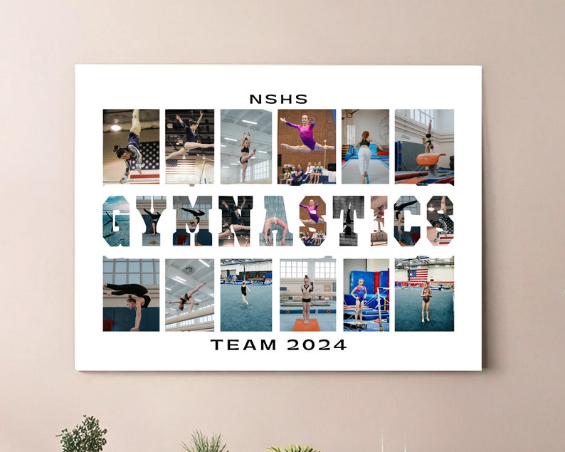 Może przedstawiać: Biały plakat z napisem "NSHS Gymnastics Team 2024" w czarnym kolorze. Plakat zawiera kolaż zdjęć młodych kobiet wykonujących ćwiczenia gimnastyczne w hali sportowej.