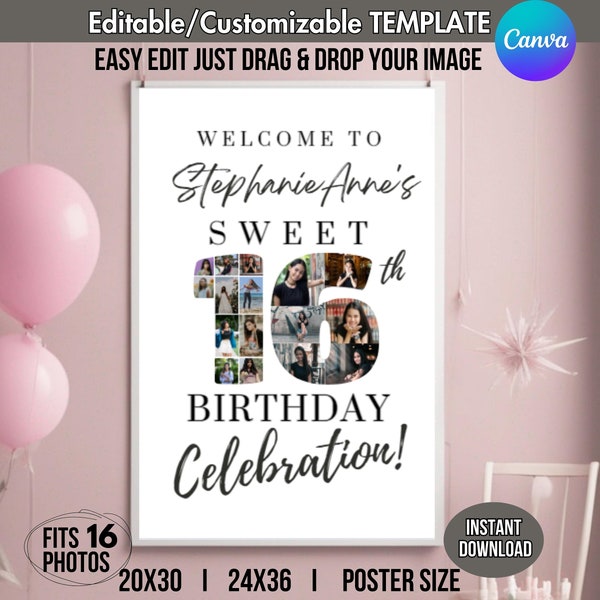 16-Photo 16th Birthday Collage Pic Number 16 Printable Party Poster Banner Simple Welcome Sign Gift CUSTOM DIY Editable Canva Template 24x36