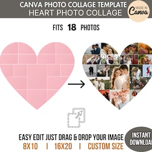 Colagem de fotos de coração editável de 18 imagens Canva TEMPLATE Design - Cartaz de aniversário de 18 anos - Impressão personalizada DIY personalizada