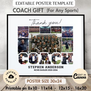 May include: A framed poster with the words "COACH GIFT" and "Thank you!" in black text. The poster includes photos of a sports team and the name "STEPHEN ANDERSON". The poster size is 76x61 cm and is printable in various sizes.