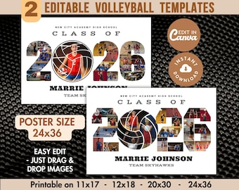 Editable Year 2026 VOLLEYBALL Photo Collage Frame Canva TEMPLATES, Printable DIY Sports Poster/Banner Sign, Personalized Senior Night Gift