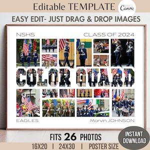 Plantilla de Canva editable de 26 fotos para collage de palabras de Color GUARD, póster o pancarta de equipo, regalo personalizado para cadete o capitán, cuadrícula de imágenes personalizable de 16 x 20