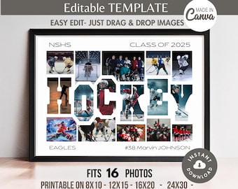 HOCKEY Photo Collage Frame Canva TEMPLATE, Custom Sports Team Poster, DIY Personalized End of Year Senior Athlete/Coach Gift, Printable 8x10