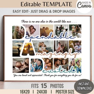Plantilla de collage de 15 fotos editables para papá, ideal para imprimir y regalar en el Día del Padre o cumpleaños. Póster personalizado de agradecimiento (8 x 10/16 x 20)