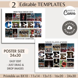 2-Editable CHEER Word Photo Collage Canva TEMPLATE Sports Team Poster Custom DIY Senior Cheerleader/Coach Gift Customizable Picture Grid