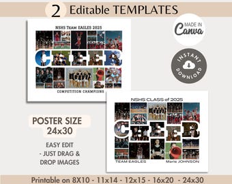 2-Editable CHEER Word Photo Collage Canva TEMPLATE Sports Team Poster Custom DIY Senior Cheerleader/Coach Gift Customizable Picture Grid