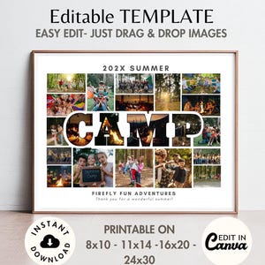 Op de afbeelding: Een bewerkbaar digitaal collage-sjabloon met de tekst 202X SUMMER, CAMP en FIRELY FUN ADVENTURES. De lay-out bevat meerdere fotovakken voor zomerkamp-herinneringen, met afdrukbare afmetingen van 8x10, 11x14, 16x20 en 24x30 inch.