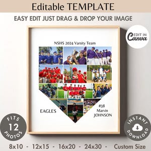 May include: Editable baseball diamond collage template with 12 photo placeholders. The template features the text "NSHS 2024 Varsity Team", "Eagles", and "#38 Marvin JOHNSON".
