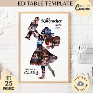 May include: A printable template for a photo collage of a ballerina in the shape of Clara from The Nutcracker. The template fits 25 photos and includes the text "Lizzie Mae as Clara" and "The Nutcracker 2024".