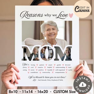 Plantilla editable "Razones por las que amamos a mamá": Marco de fotos personalizado para el Día de la Madre o cumpleaños, regalo imprimible personalizado, recuerdo de homenaje de 8 x 10