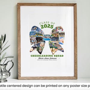 May include: A green and blue bow made of photos of a cheerleading squad. The bow has the text "Class of 2025" at the top and "Cheerleading Squad" at the bottom. The text "Marie Anne Johnson" and "New City Academy High School" are also included.