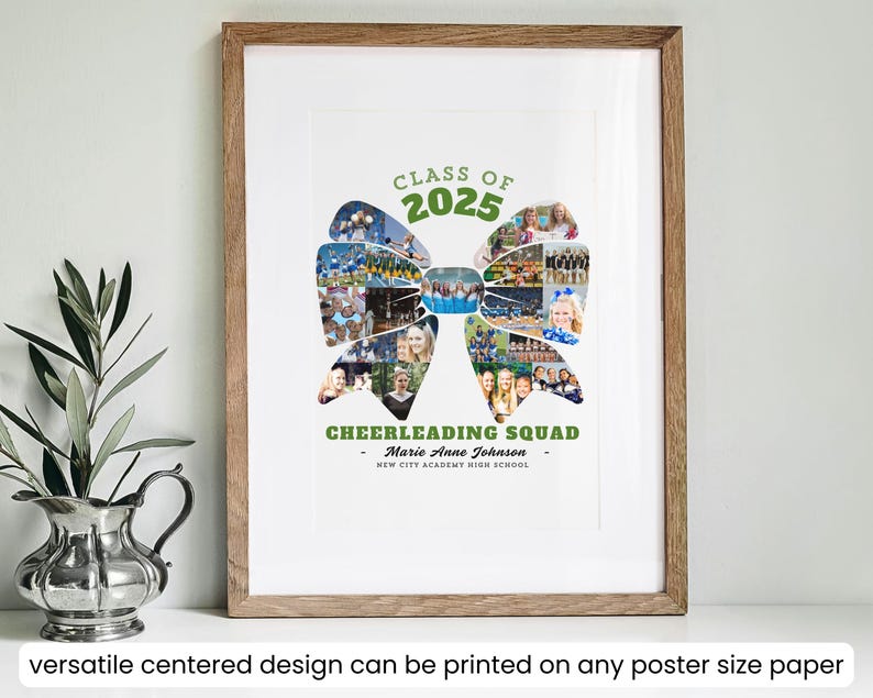 May include: A green and blue bow made of photos of a cheerleading squad. The bow has the text "Class of 2025" at the top and "Cheerleading Squad" at the bottom. The text "Marie Anne Johnson" and "New City Academy High School" are also included.