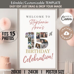 15-Photo 15th Birthday Collage Pic Number Printable Party Poster Quinceñera Banner Sign Gift CUSTOM DIY Editable Canva TEMPLATE 20x30/24x36