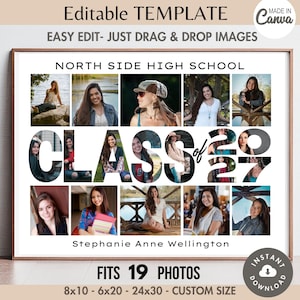 Könnte beinhalten: Eine bearbeitbare digitale Collage-Vorlage mit dem Titel NORTH SIDE HIGH SCHOOL CLASS OF 27 und 19 Fotofeldern. Das Design enthält unten den Namen Stephanie Anne Wellington sowie Text, der angibt, dass es für 19 Fotos in den Größen 20x25cm, 15x51cm und 61x76cm geeignet ist.