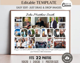 Bewerkbare Good Luck fotocollage Canva SJABLOON, afdrukbare afscheidsfeest poster, gepersonaliseerde DIY pensioen cadeau, digitale download