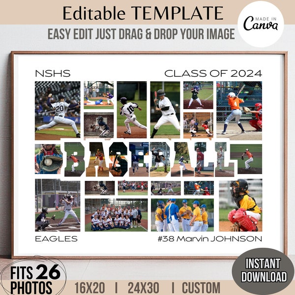 Editable 26-Photo BASEBALL Collage Canva TEMPLATE Sports Team Poster Banner Sign Custom Design Customizable DIY Letter Picture Grid Image
