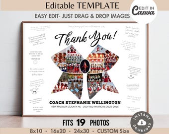 CHEER Coach Gift Signing Board TEMPLATE Personalized Hair Bow Photo Collage  Cheerleading Team Message Poster, Year End Cheerleader Keepsake