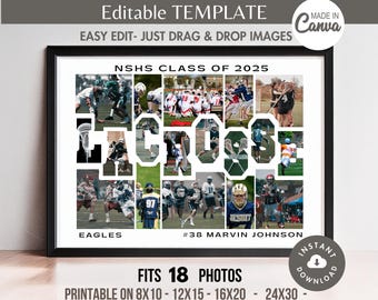 May include: A black and white photo collage of a lacrosse team with the text "NSHS CLASS OF 2025 LACROSSE" and "EAGLES" at the bottom. The collage is made up of 18 photos of the team in action. The text "#38 MARVIN JOHNSON" is also included in the collage.