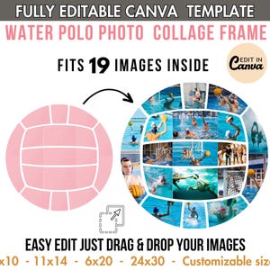 May include: A pink water polo ball graphic next to a photo collage frame. The frame is a water polo ball shape, filled with 19 images of water polo players. Text reads: "FULLY EDITABLE CANVA TEMPLATE WATER POLO PHOTO COLLAGE FRAME".