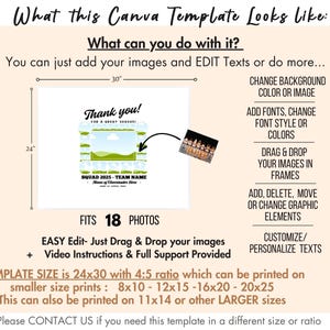 May include: A Canva template for a team photo collage with 18 photo slots. The template is 61 cm by 76 cm and can be printed in smaller sizes. The template features a green and white colour scheme with the text "Thank you!" and "Squad 2023 - Team Name".