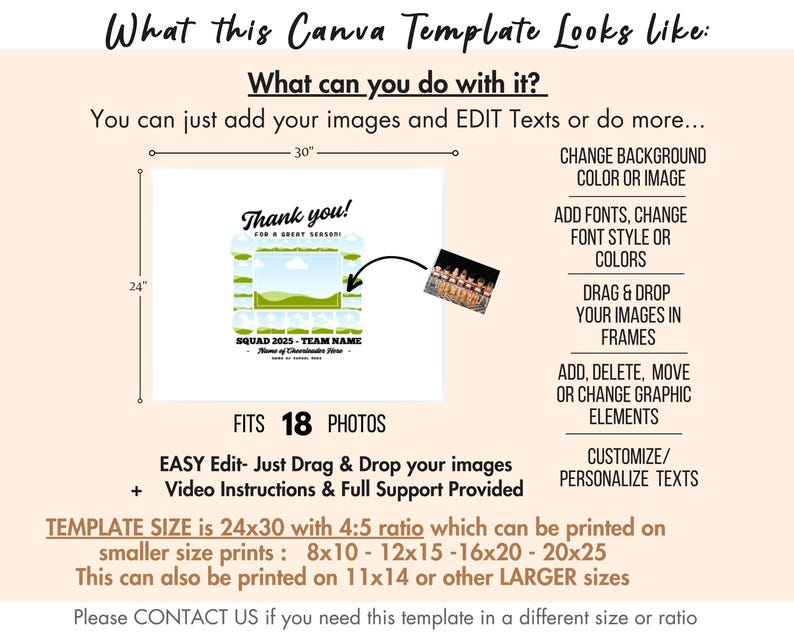 May include: A Canva template for a team photo collage with 18 photo slots. The template is 61 cm by 76 cm and can be printed in smaller sizes. The template features a green and white colour scheme with the text "Thank you!" and "Squad 2023 - Team Name".