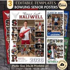 May include: Three editable bowling senior poster templates. The posters feature photos of bowlers, the text "SENIOR 2026", and the words "BOWLING SENIOR POSTERS". The posters are available in red, blue, and green.