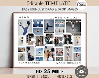CHEER Photo Collage Editable TEMPLATE, 25-Picture Grid Squad Team Poster, DIY Personalized Cheerleader Keepsake, End Of Year Coach Gift