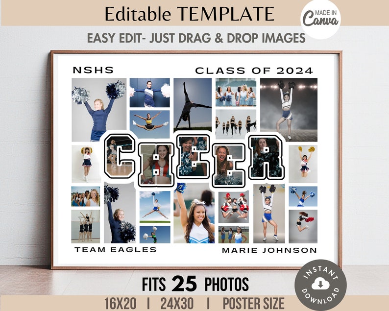 CHEER Photo Collage Editable TEMPLATE, 25-picture Grid Squad Team ...