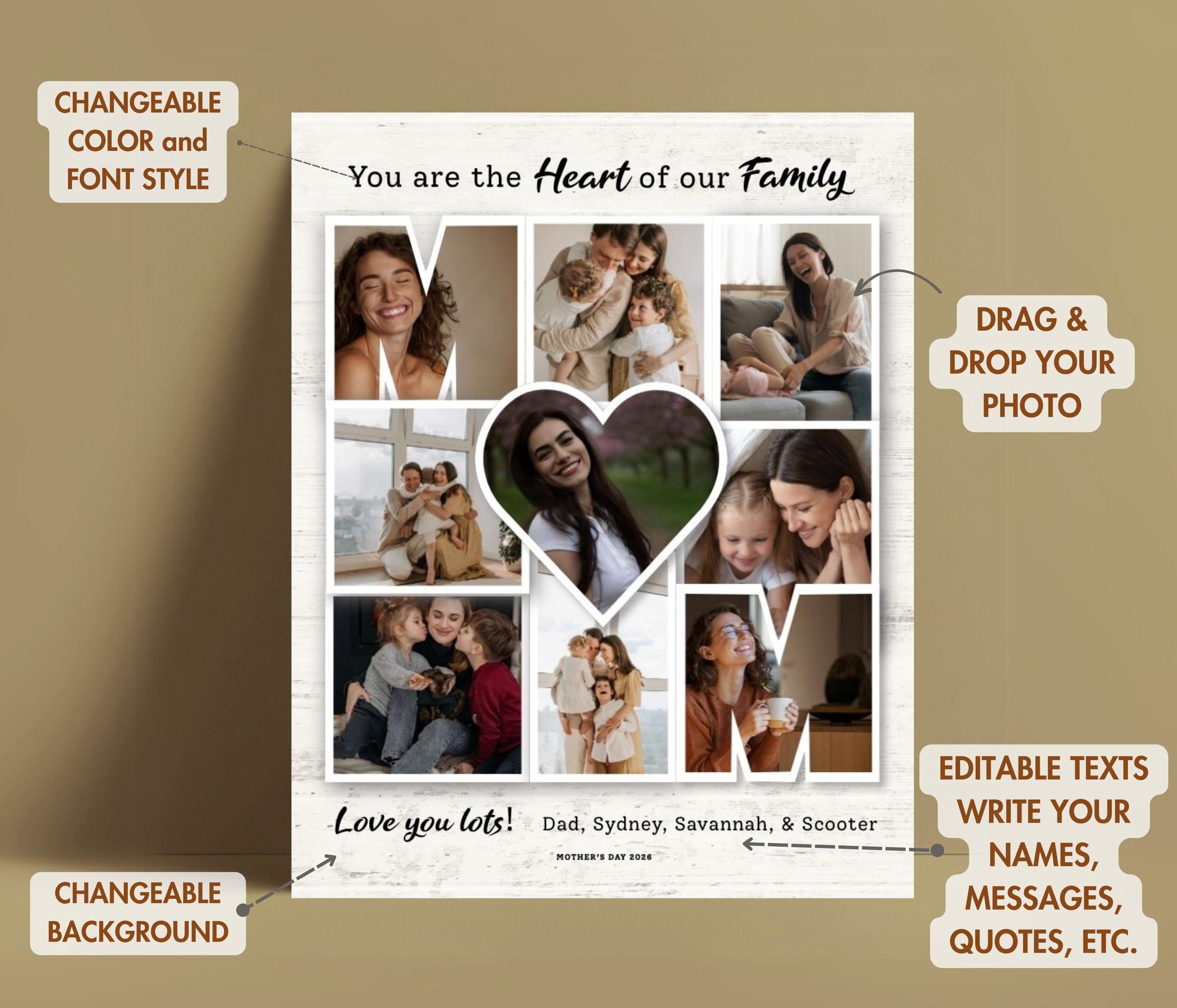 Editable MOM Heart of Family Photo Collage Frame Canva TEMPLATE ...