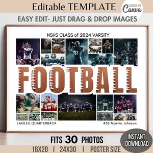 Editable 30-Photo FOOTBALL Collage TEMPLATE Printable Sports Team Poster Custom Personalized Senior Athlete/Coach Gift DIY Picture Grid 8x10