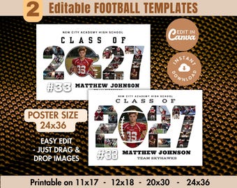 Peut inclure: Deux modèles d'affiches de football modifiables avec le texte "CLASS OF 2027" et "MATTHEW JOHNSON". Les designs incluent des emplacements photo en forme de chiffres et de ballon, avec "#33" et "TEAM SKYHAWKS". Imprimable en 11x17, 12x18, 20x30 et 24x36 pouces.