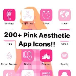 May include: A pink and white gingham background with a collection of pink app icons. The icons are for popular apps such as Hulu, Spotify, Amazon, and more. The text "200+ Pink Aesthetic App Icons!!" is displayed at the top of the image.