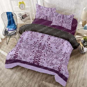 Ropa de cama de Bella de Twilight (Twin, Full, Queen) - Juego de funda nórdica de cuatro piezas con estampado floral de plantas moradas
