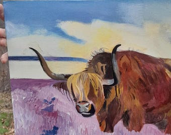 Highland cow heather field 12"×16" original acrylic painting on canvas panel