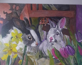 Bunnies & Mouse Watercolor Painting: Spring Floral Garden Artwork 14"x11" canvas panel