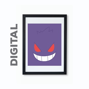 May include: A framed print of a purple and red cartoon ghost with a wide, toothy grin. The ghost is a popular character from the Pokemon franchise.