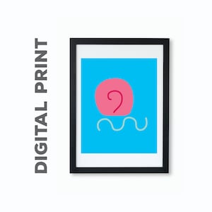 May include: A digital print of a pink circle with a squiggly line underneath it on a blue background. The print is framed in a black frame.