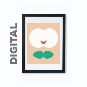 May include: A framed digital print of a cartoon character with a white body, peach skin, a red mouth, and two green leaves for arms. The character is smiling.