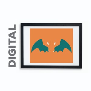 Puede incluir: Impresión artística enmarcada con un diseño minimalista de Charizard. La obra presenta un fondo naranja, alas verde azulado y una cara de Charizard. La impresión está en un marco negro, con la palabra "DIGITAL" impresa verticalmente a la izquierda.