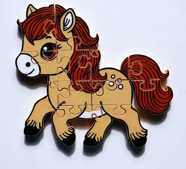 May include: A tan and white horse puzzle with a brown mane and tail. The puzzle is made of plastic and has a cartoon-like style.