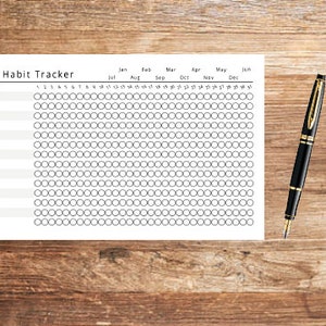 May include: A black and white habit tracker with a grid of circles for each day of the year. The months are labelled across the top: January, February, March, April, May, June, July, August, September, October, November, December.