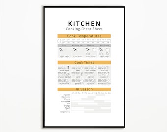 May include: A black and white printable kitchen cooking cheat sheet with a yellow header. The cheat sheet includes cooking temperatures for meat, cook times for vegetables, and a chart showing when fruits are in season.