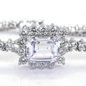 925 Sterling Silver  Bracelet with Large Zircon Center Stone and Zircon Accents