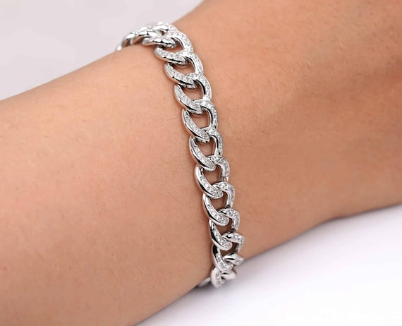 Sparkling Sterling Silver Bracelet With Bold Chain and Sparkling Sterling Silver Bracelet With Bold Chain and