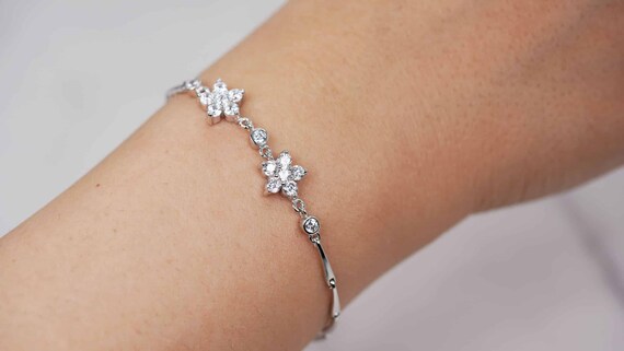 Floral and Geometric Zircon Sterling Silver Bracelet With